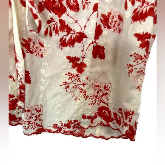 Mavi red & cream floral print, cap sleeve top, red embroidery scalloped hems - Picture 4 of 7
